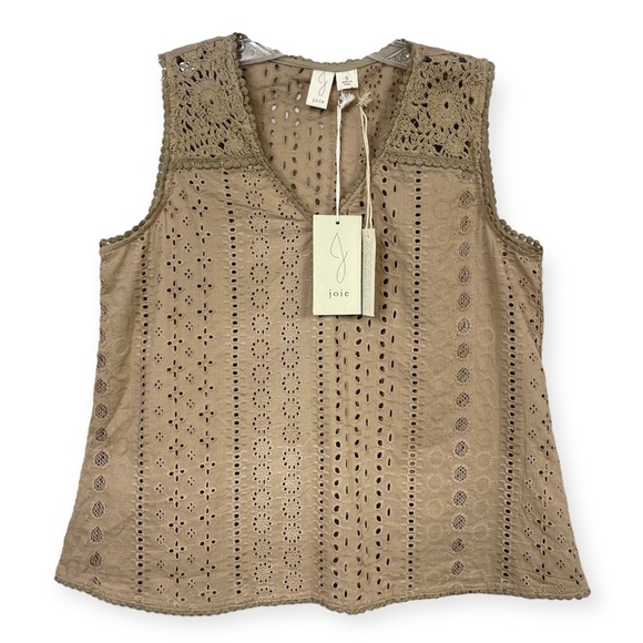 JOIE Tan Eyelet Crochet Sleeveless Blouse NWT S V-Neck Cotton Tank Top $98 - Picture 3 of 14